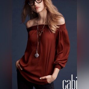 New Cabi Sz M Cooper Foxy Smocked Satin Blouse Off Shoulder